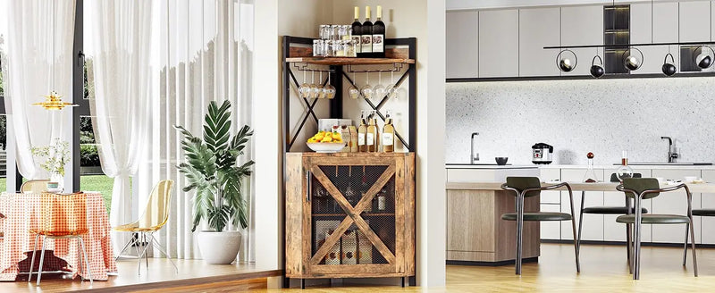 Corner Bar Cabinet with Storage, Wine Cabinet with Glass Holder, Metal Mesh Door & Adjustable Shelf, Liquor Cabinet Bar for Home