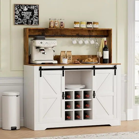 Coffee Bar Cabinet, 47" Farmhouse Kitchen Wine Bar with 6 Hooks, Sliding Barn Door and Adjustable Shelves, Liquor Bar Cabinet w