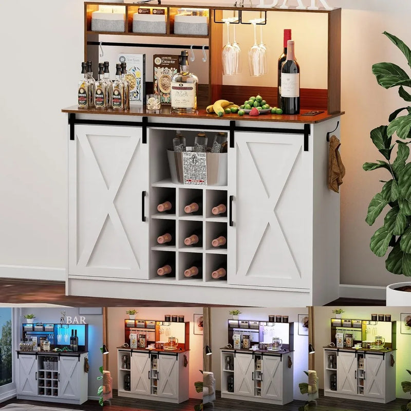 Coffee Bar Cabinet with Adjustable 20-Color LED Lights and 6.5FT Outlet, Kitchen Buffet Storage Cabinet, 47'' Sideboard Buffet