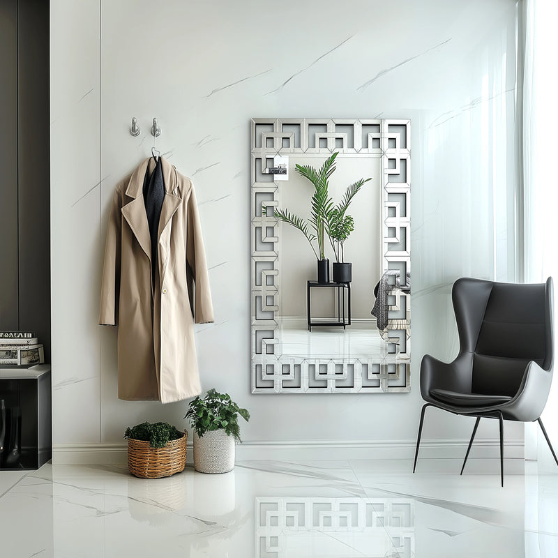 Upgraded 120CM Rectangle Silver Venetian Art Mirror Living Room Bathroom with Beveled Glass Edge Wall Mounted Accent Mirror
