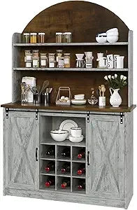Arched Pantry Cabinet with Open Shelf, Tall Kitchen Pantry Storage Cabinet with Sliding Barn Doors, Farmhouse Kitchen Hutch Cab