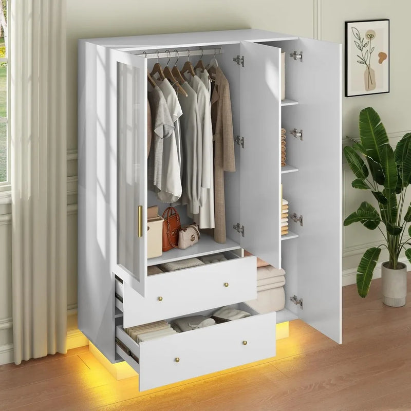 3 Door Armoire Wardrobe Closet Cabinet with Mirror and LED Light, 2 Drawers, 3 Doors,Hanging Rod,Large Capacity Storage Wardrobe