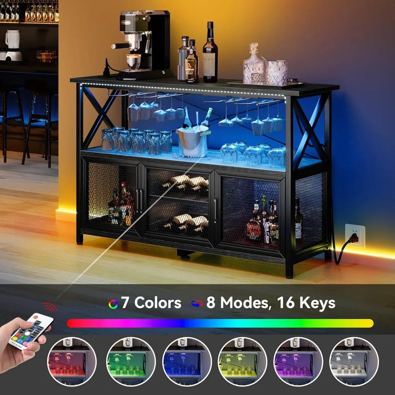 Bar Cabinet with LED Lights, Wine Cabinet with Power Outlet, Bar Table Stand with Wine Rack, Storage Cabinets, Adjustable Shelf