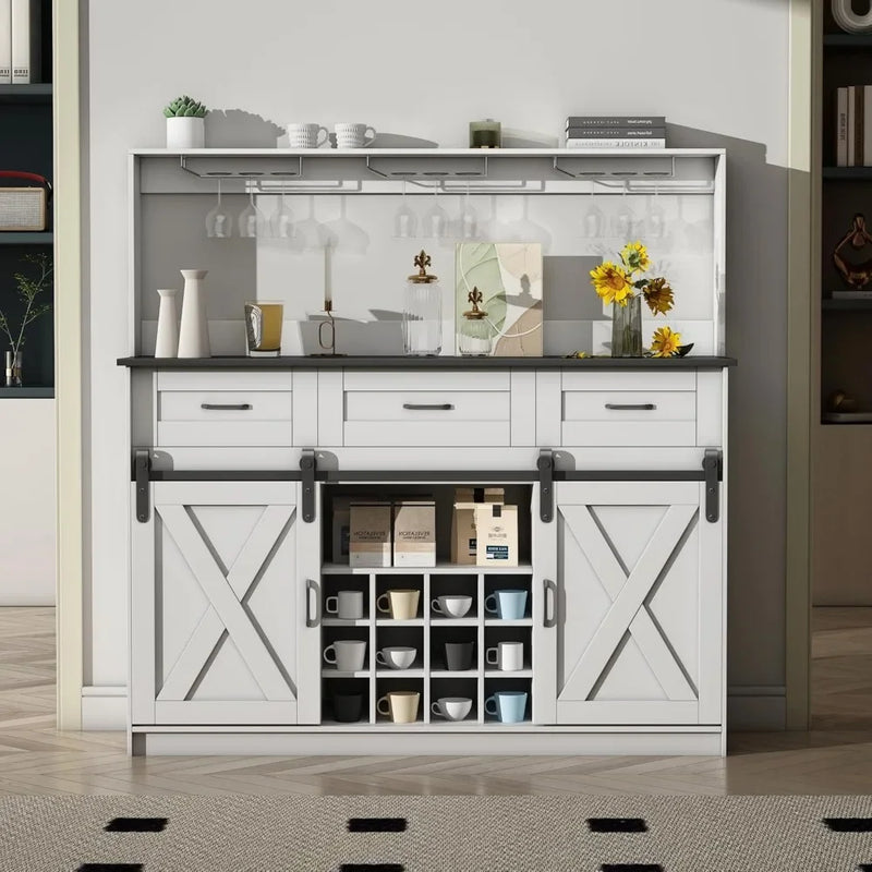52" Farmhouse Coffee Bar Cabinet with Storage, Wine Bar Cabinet with 9 Glass Holders and 12 Grid Wine Racks, Wood Buffet Cabinet