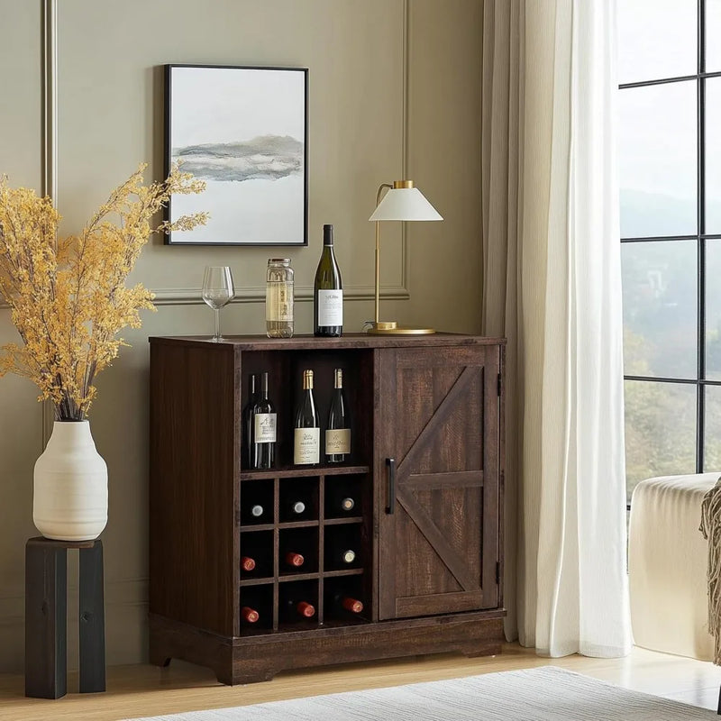 Farmhouse Coffee Bar Cabinet with Storage, 32 inch Table with Barn Door and 9 Wine Racks, Adjustable Shelf, Dining