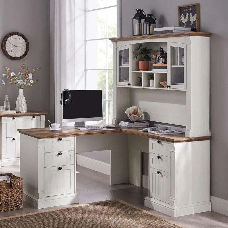 60" L Shaped Executive Desk with Hutch and Drawers, Home Office Desk with Charging Station, File Cabinet Storage,