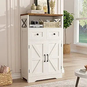 71"H Farmhouse Tall Storage Cabinet, Kitchen Pantry Cabinet with Barn Doors and Adjustable Shelves, Floor Standing Bookshelf 5 T
