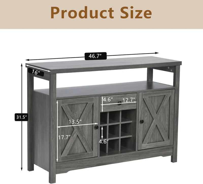 Gray Coffee Bar Cabinet With Storage, 47” Farmhouse Coffee Station With Barn Door And Wine Rack, Coffee Bar Buffet Cabinet With