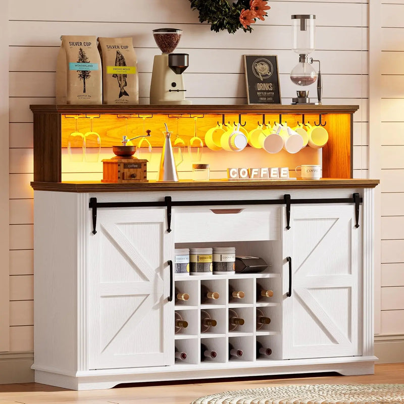 Farmhouse Coffee Bar Cabinet with Sliding Barn Doors and LED Lights, Wine Bar Cabinet with Wine and Glass Rack, Buffet Cabinet
