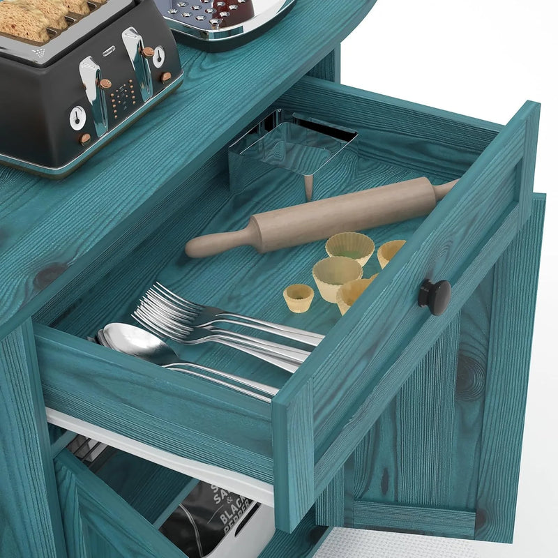 Sideboard Buffet Cabinet w/ Power Outlet,Freestanding Kitchen Cabinet with Storage,Accent Coffee Bar with Doors,Vintage Blue