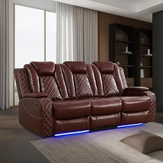 Leather Power Recliner Sofa with LED Light, Drop Down Table Wireless Charge/USB Port, 84" Luxurious Power Double Reclining Sofa