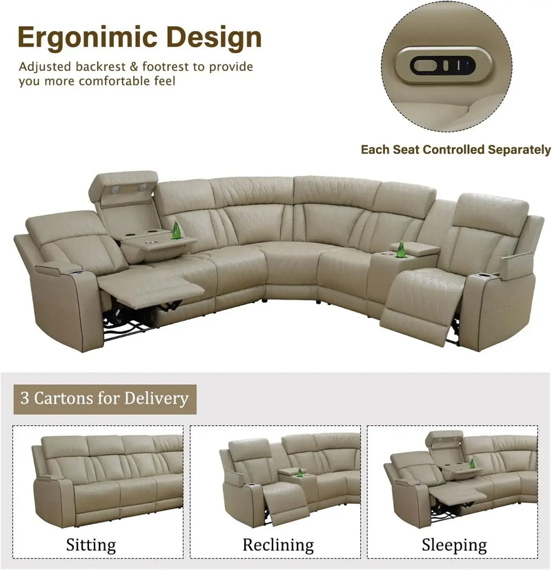 Sofa Living Room, Power Reclining Sectional Sofa USB Chargers And Storage Console, Leather Recliner Sofa For Living Room Set
