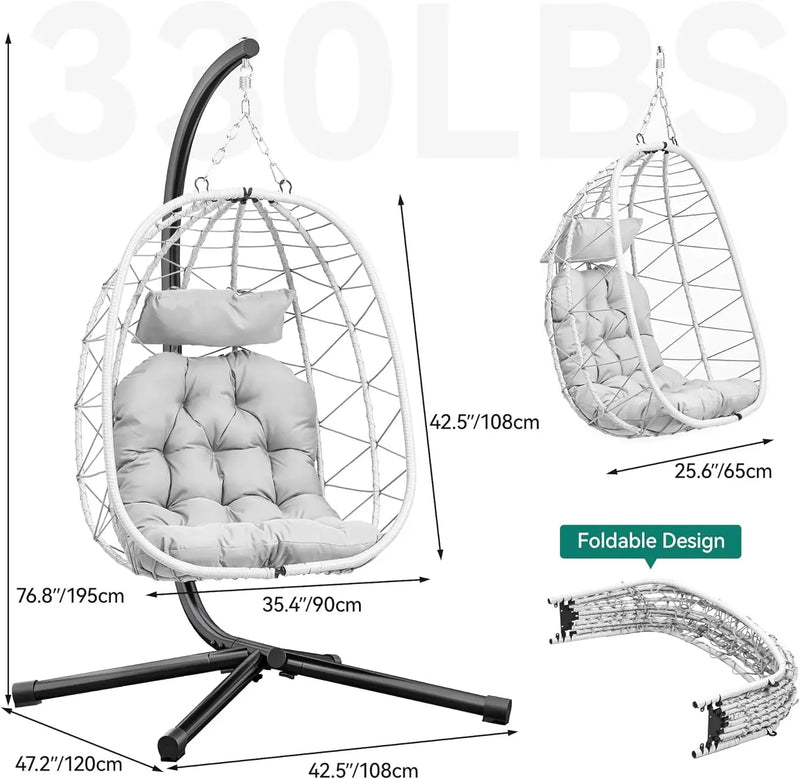 Hanging Egg Chair with Stand Swing Chair Wicker Indoor Outdoor Hammock Egg Chair with Cushions 330lbs for Patio, Bedroom