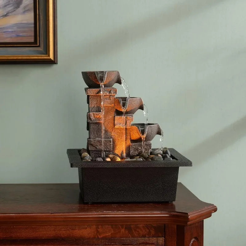 Home Décor Imitation 3-Tier Stone Wall Tabletop Fountain Many Natural River Rock Office Relaxing Desktop Zen Waterfall