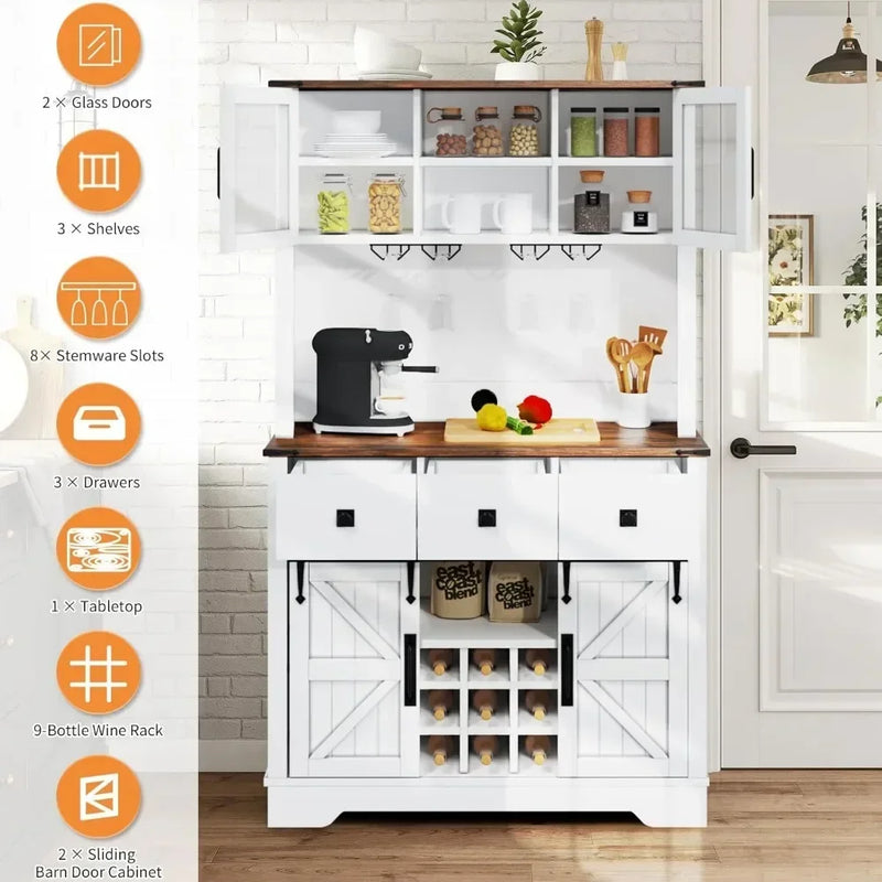 Farmhouse Coffee Bar Cabinet with Storage, Tall Bar Cabinet with 3 Drawers, Wine Bar Cabinet with Sliding Barn Doors
