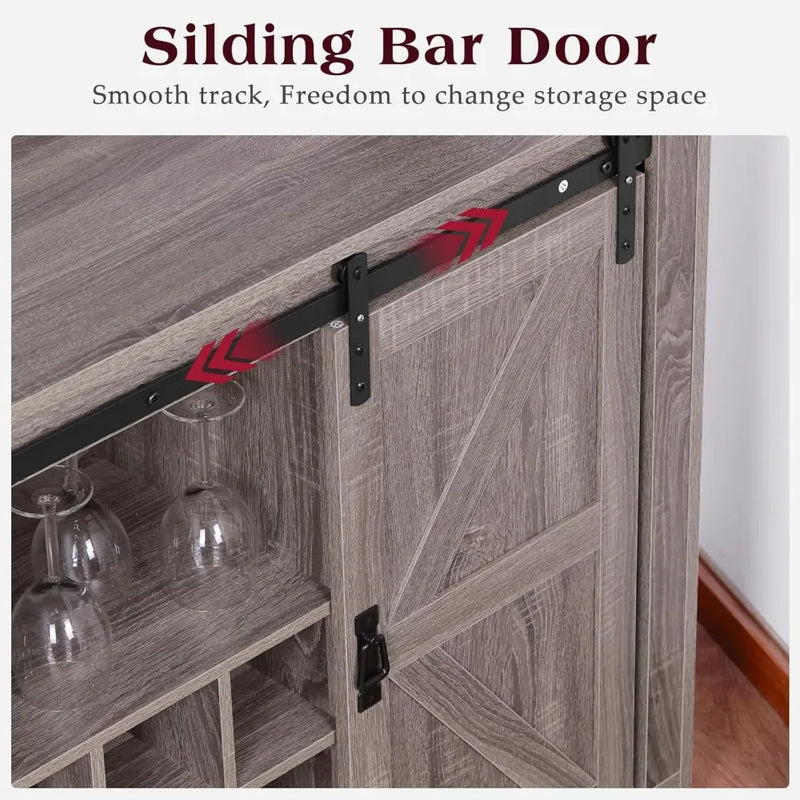 Coffee Bar Cabinet, 47" Farmhouse Kitchen Wine Bar with 6 Hooks, Sliding Barn Door and Adjustable Shelves, Liquor Bar Cabinet w