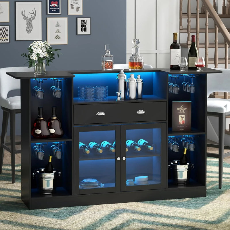 Loomie Bar Table Cabinet with LED & Drawer, Mini Liquor Bar with 8-Tier Storage & Stemware Holder, Wine Alcohol Bar Stand