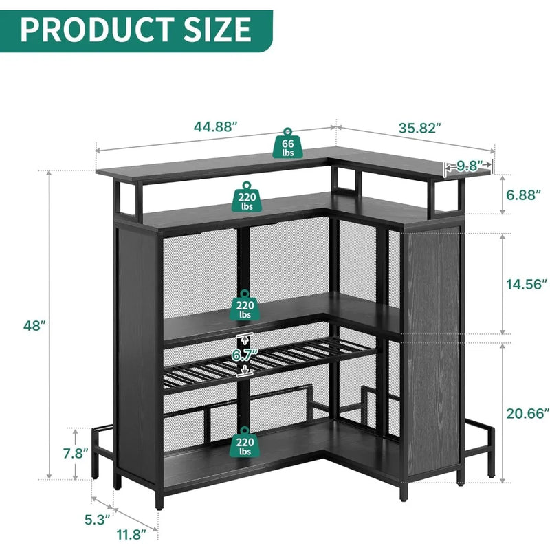 L Shaped Mini Home Bar Unit for Living Room with Music Sensing LED Light, Tall Bars Furniture Table with Wine Rack Alcohol Stor