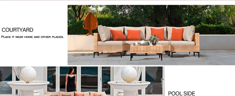 5 Piece Outdoor Patio Furniture Set Modular Outdoor Furniture Set Wicker Outdoor Sectional Sofa with Cushions and Table Patio