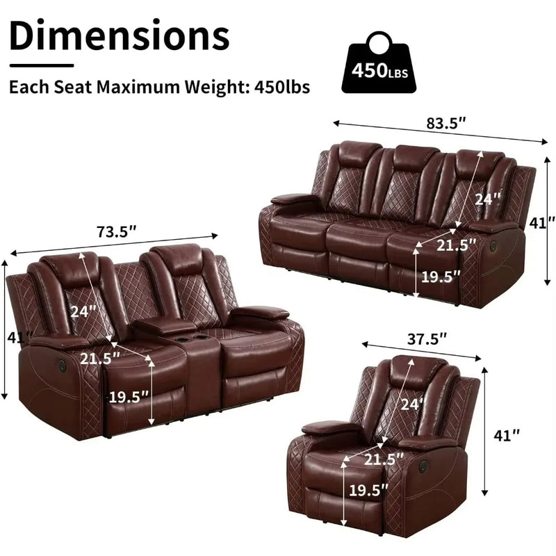 Leather Power Recliner Sofa with LED Light, Drop Down Table Wireless Charge/USB Port, 84" Luxurious Power Double Reclining Sofa