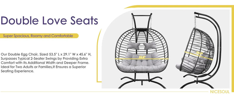 2 Person Double Egg Chair Outdoor Patio Wicker Loveseat Hanging Chair Swing Egg Chairs with Beige Cushions Double Seats