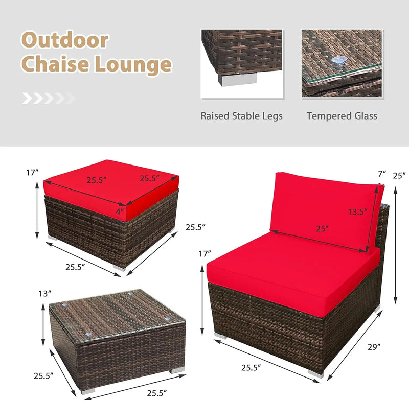 5-piece chaise longue set with ottoman and coffee table, outdoor rattan wicker chaise longue, sofa bed, sofa set with cushions