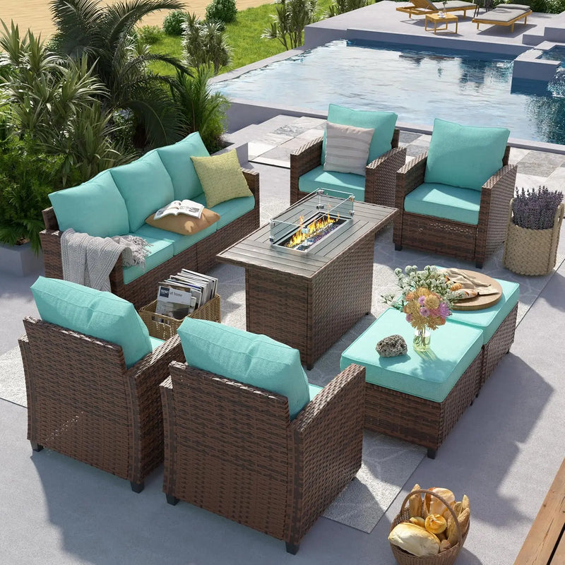 Outdoor Patio Furniture Set with 44" Fire Pit Table for Garden Backyard Deck, 6 Pieces Sectional Conversation Sets