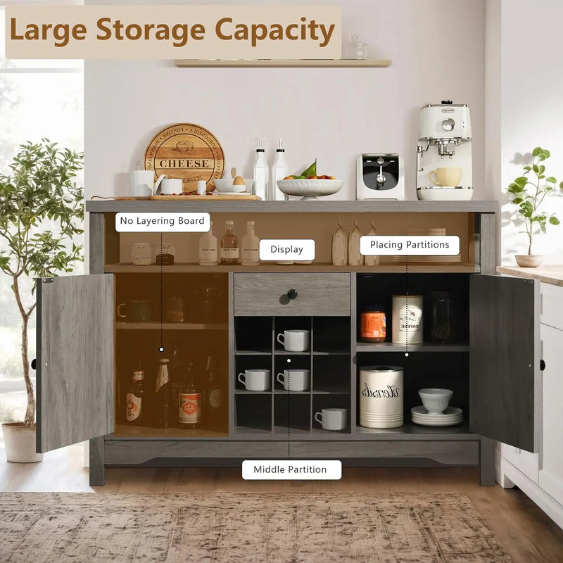Gray Coffee Bar Cabinet With Storage, 47” Farmhouse Coffee Station With Barn Door And Wine Rack, Coffee Bar Buffet Cabinet With