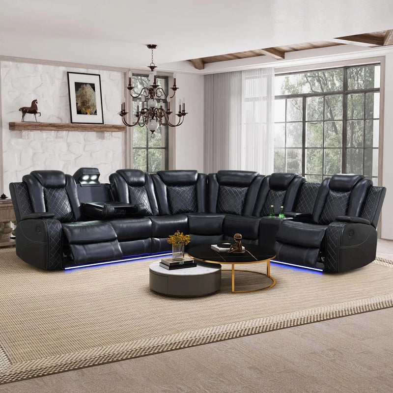 Power Reclining Sectional Sofa, Living Room Furniture Set with USB Chargers and Storage Console, Leather Recliner Sofa