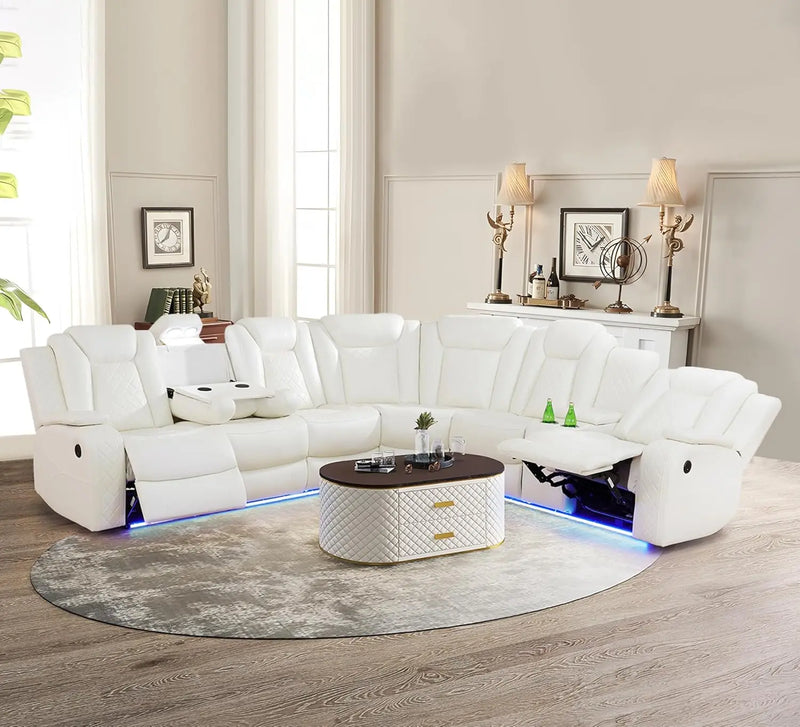 Power Recliner Sectional Sofa with LED Light, Breathing Leather Power Reclining Sofa, Sectional Reclining sofas with USB Port