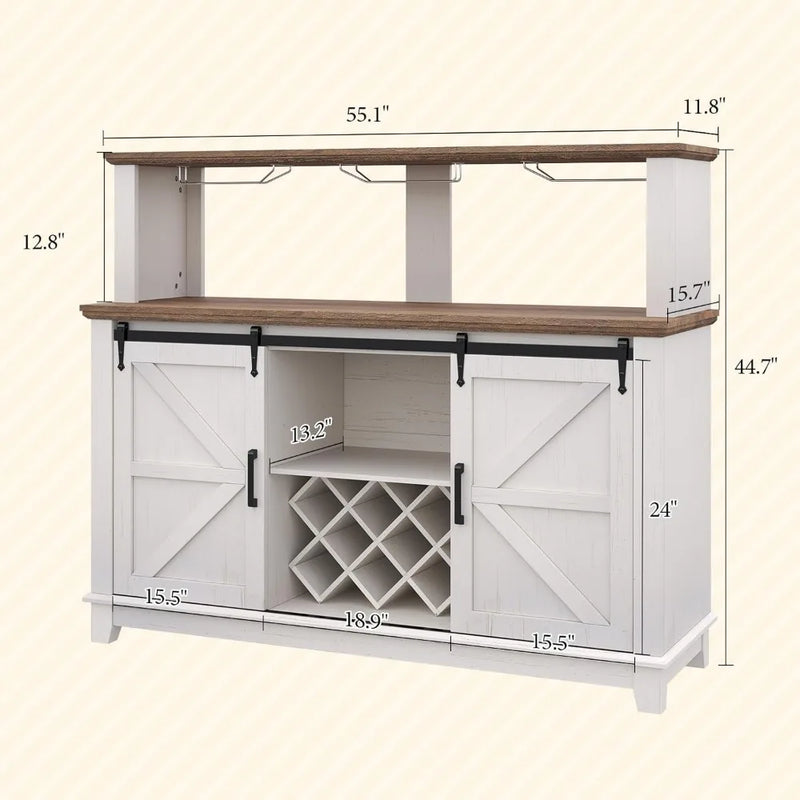 FarmhouseCoffee Bar Cabinet with LEDLights,Buffet Cabinet with Storage&Wine Racks,Home Liquor Cabinet with AdSliding Barn Doors