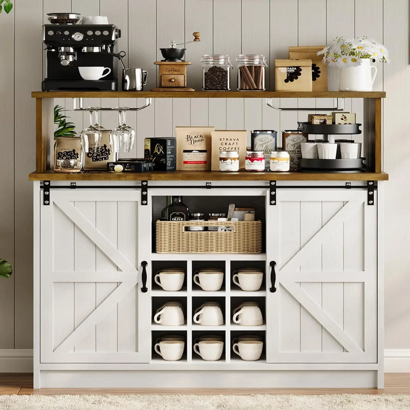 Bar Cabinet, 47” Buffet Sideboard with 4 Glass Hooks & 9 Wine Racks, Coffee Bar Cabinet with Sliding Barn Door Bar Cabinet