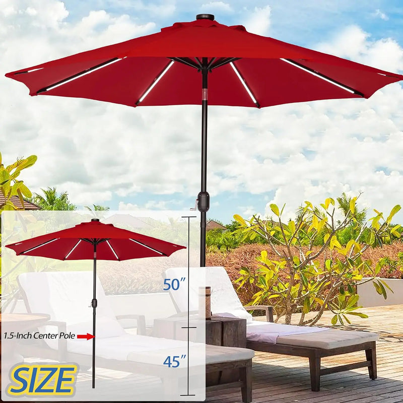 9FT Outdoor Solar LED Lighted Patio Umbrella with 8 LED Strip Lights & 8 Ribs, Convenient Crank Lift System