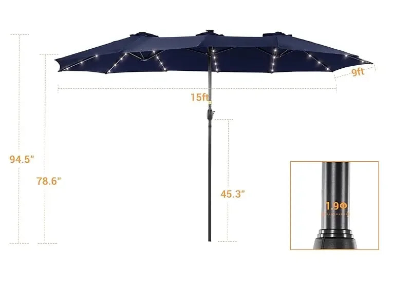 Patio Umbrella 15x9FT LED Double-sided with UPF50+ and Wind-Resistant Design, (No Base), Effortless Operation Outdoor Umbrella