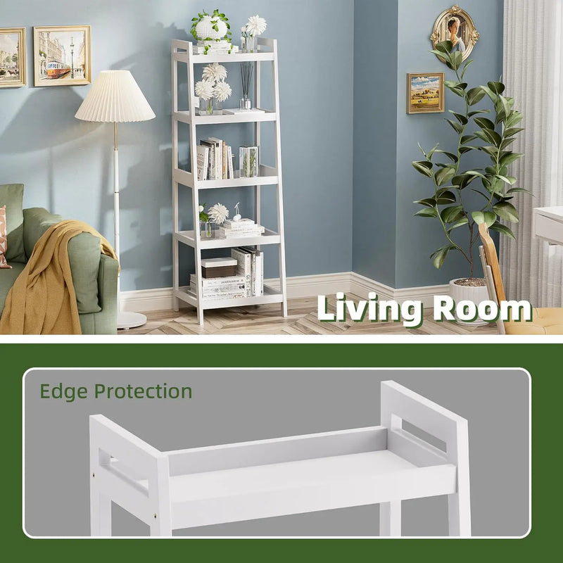Bookshelf, 5 Tier Ladder Bookcase With Bamboo Frame, Freestanding Tall Narrow Display Plant Shelf For Living Room, Kitchen,