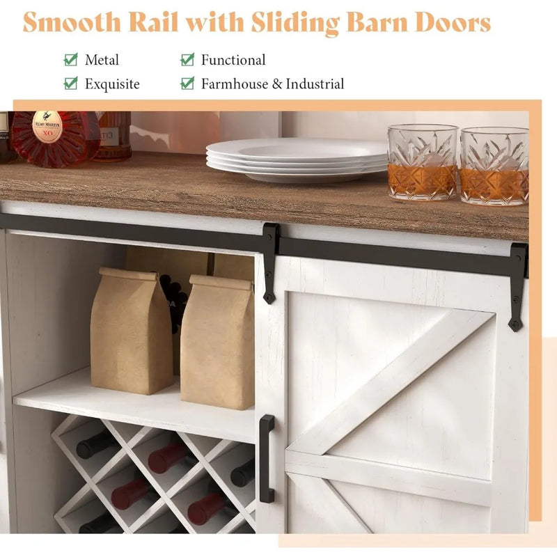 FarmhouseCoffee Bar Cabinet with LEDLights,Buffet Cabinet with Storage&Wine Racks,Home Liquor Cabinet with AdSliding Barn Doors