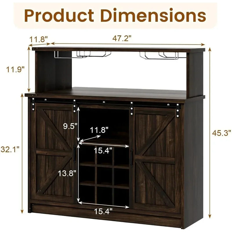 Bar Cabinet, 47” Buffet Sideboard with 4 Glass Hooks & 9 Wine Racks, Coffee Bar Cabinet with Sliding Barn Door Bar Cabinet