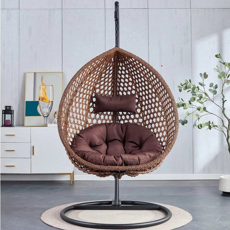 Hanging Egg Chair Outdoor,Rattan Swing with Foldable Basket,Hammock with Metal Stand,Lounge for Garden Backyar