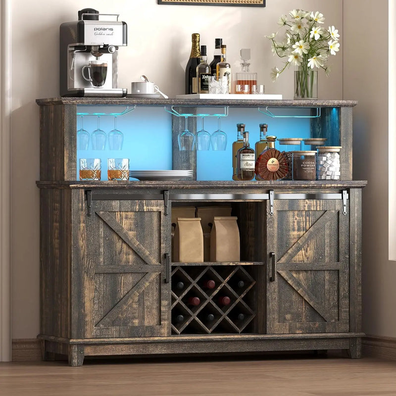 FarmhouseCoffee Bar Cabinet with LEDLights,Buffet Cabinet with Storage&Wine Racks,Home Liquor Cabinet with AdSliding Barn Doors
