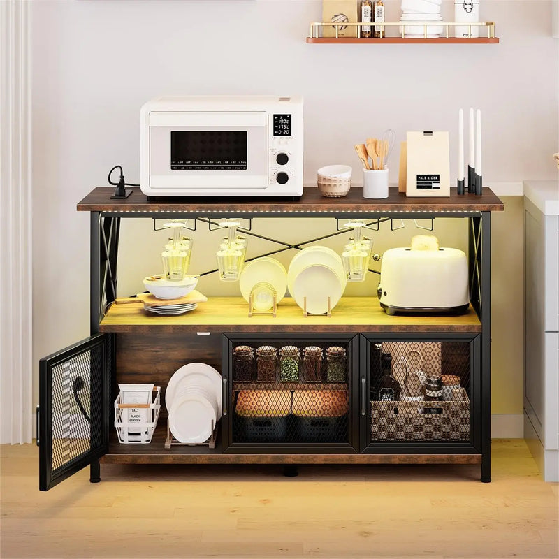 Bar Cabinet with LED Lights, Wine Cabinet with Power Outlet, Bar Table Stand with Wine Rack, Storage Cabinets, Adjustable Shelf