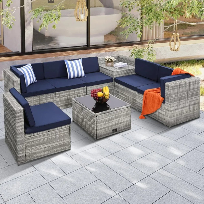 8 Pieces Outdoor Wicker Rattan Patio Furniture Set, Glass Top Table with Hidden Storage, 7 Sofa Sections, Oversized Cushions