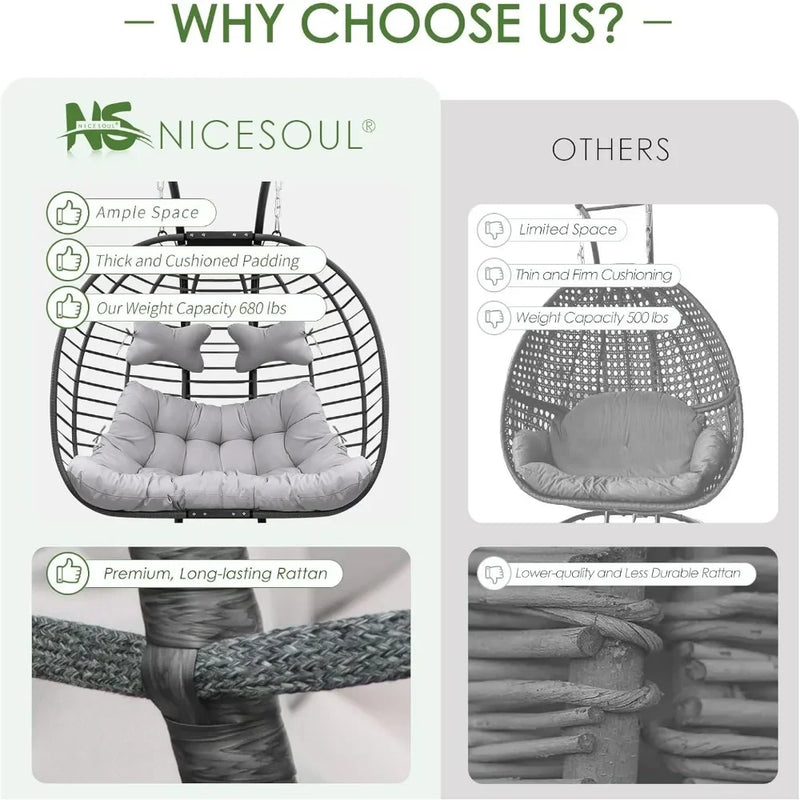 2 Person Double Egg Chair Outdoor Patio Wicker Loveseat Hanging Chair Swing Egg Chairs with Beige Cushions Double Seats