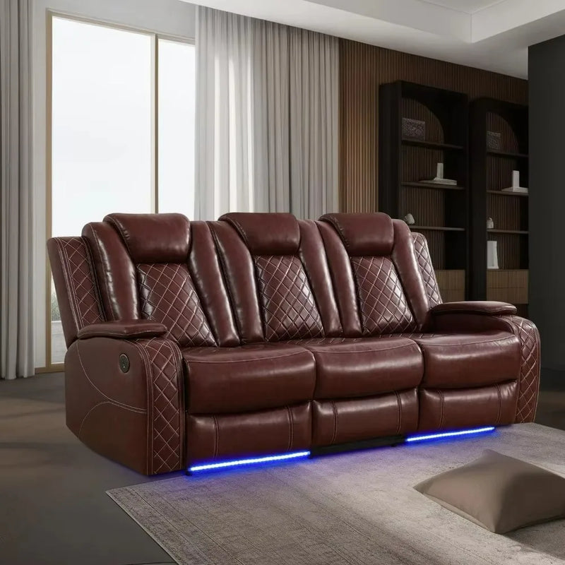 Leather Power Recliner Sofa with LED Light, Drop Down Table Wireless Charge/USB Port, 84" Luxurious Power Double Reclining Sofa
