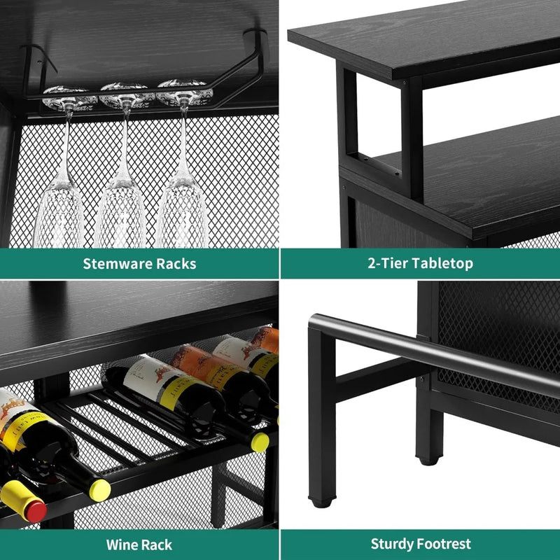L Shaped Mini Home Bar Unit for Living Room with Music Sensing LED Light, Tall Bars Furniture Table with Wine Rack Alcohol Stor