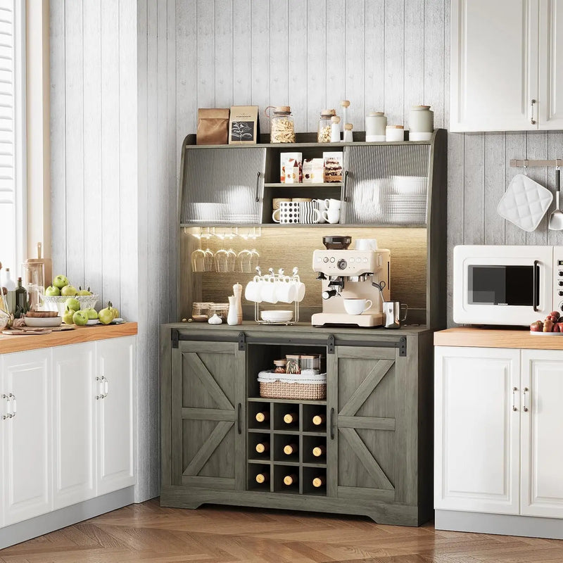 Coffee Bar Cabinet with Charging Station & LED Light, Farmhouse Kitchen Hutch with Sliding Acrylic Doors, Tall Bar Cabinet with