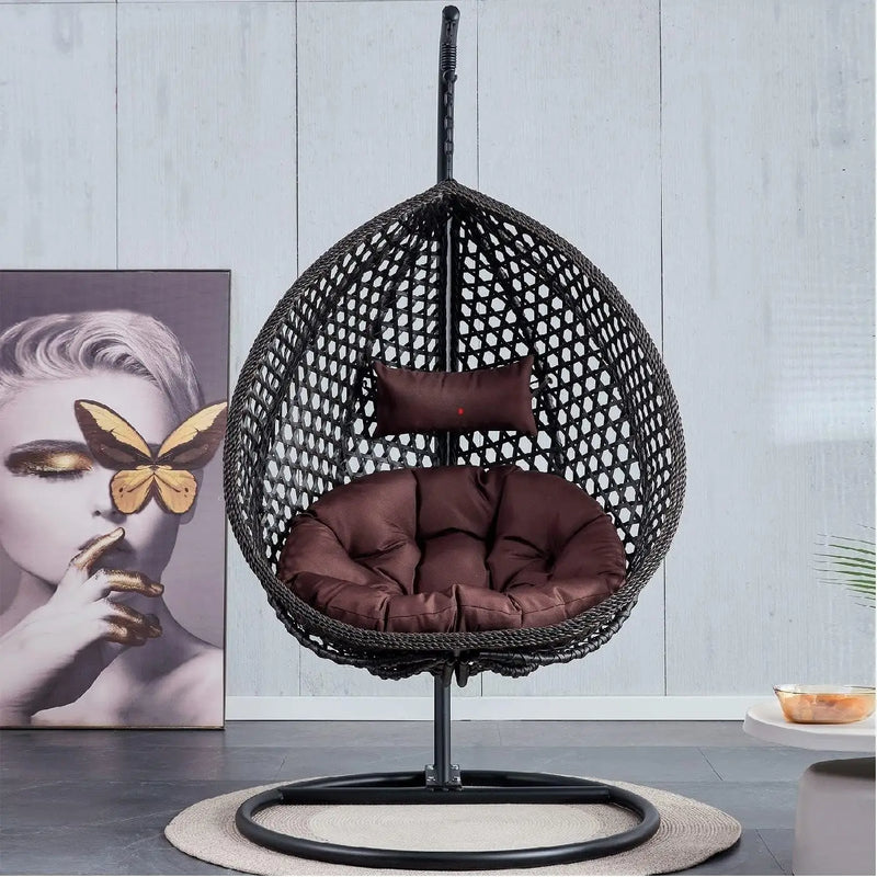 Hanging Egg Chair Outdoor,Rattan Swing with Foldable Basket,Hammock with Metal Stand,Lounge for Garden Backyar