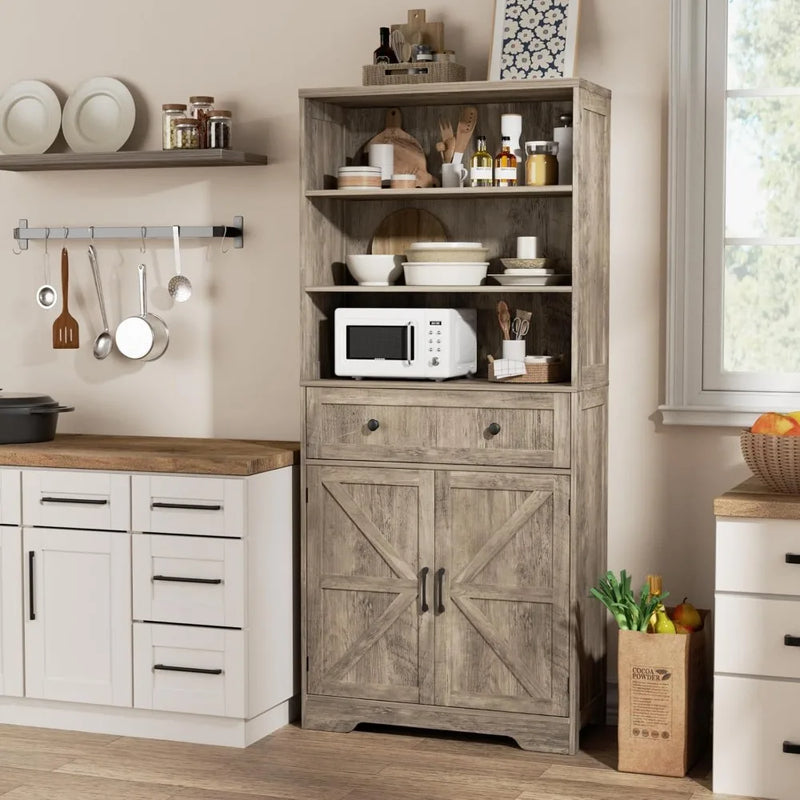 71"H Farmhouse Tall Storage Cabinet, Kitchen Pantry Cabinet with Barn Doors and Adjustable Shelves, Floor Standing Bookshelf 5 T