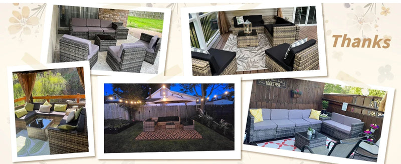 8 Pieces Outdoor Wicker Rattan Patio Furniture Set, Glass Top Table with Hidden Storage, 7 Sofa Sections, Oversized Cushions