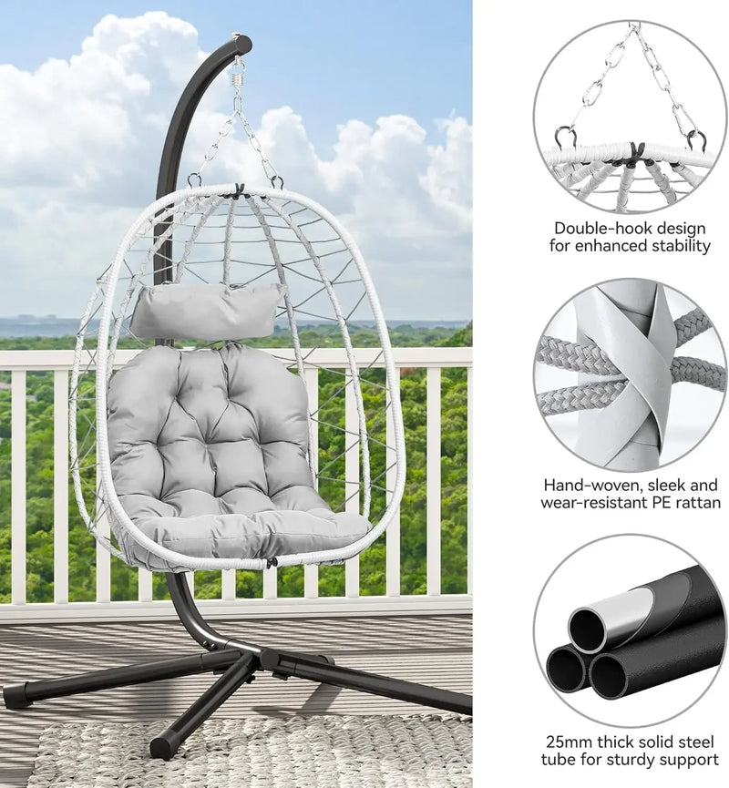 Hanging Egg Chair with Stand Swing Chair Wicker Indoor Outdoor Hammock Egg Chair with Cushions 330lbs for Patio, Bedroom