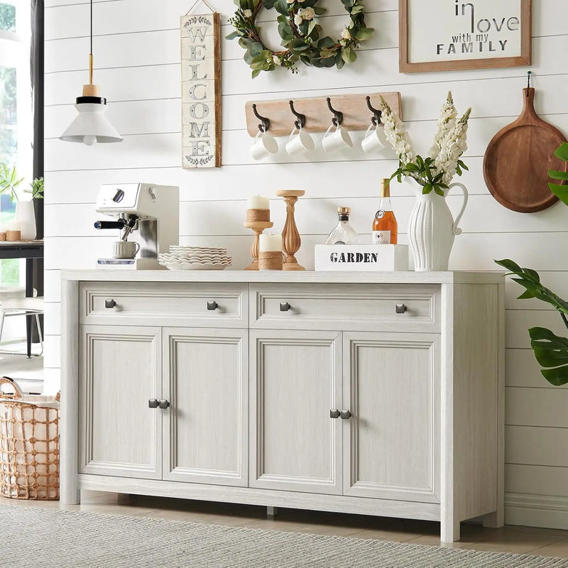 Farmhouse Buffet Cabinet with Drawers, Large Sideboard Buffet Credenza Storage Cabinet with Shelves & 4 Doors, Wood Rustic